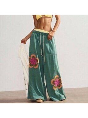 Green Casual Women's Bohemian Wide Leg Pants